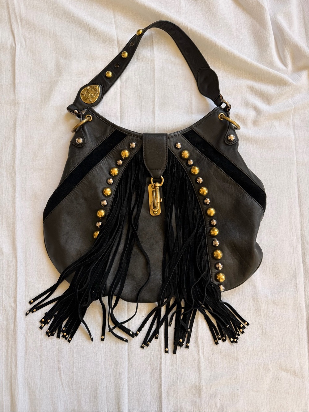 Gucci Black Leather Fringe Shoulder Bag with Gold Studs